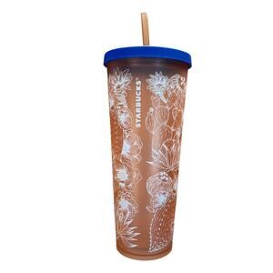 Starbucks '18 Matte Coral Floral Cactus 24oz Venti Cold Drink Tumbler Lid Straw